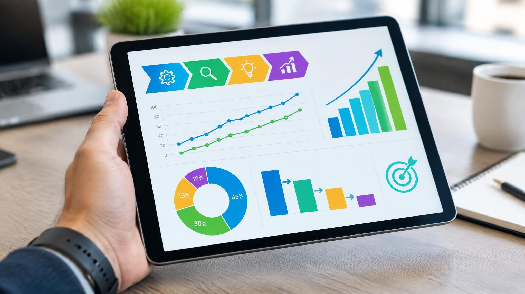 Hand holding a tablet displaying process improvement charts